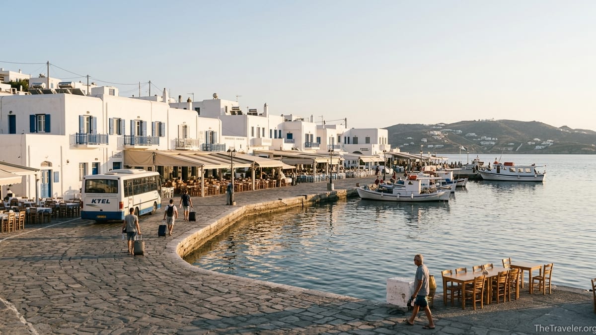 Cycladic island harbor with bus, ferry pier and pedestrians at sunset