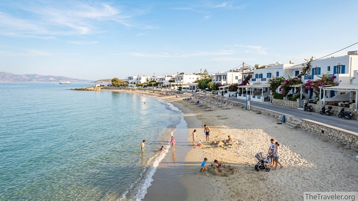 Family-friendly sandy beach with shallow turquoise water and whitewashed hotels on a Cycladic island.