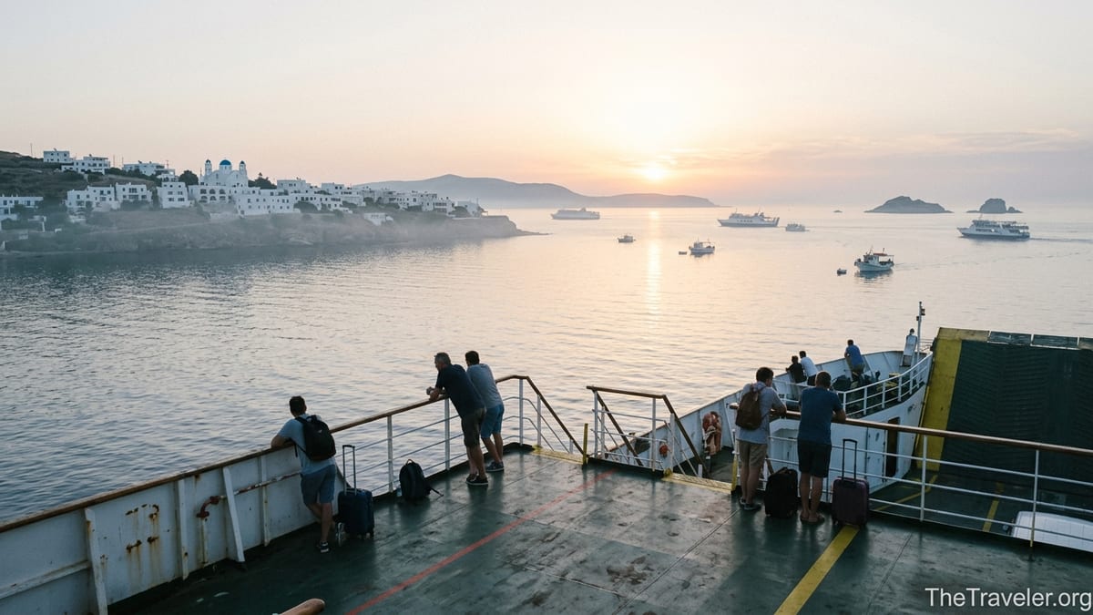 Passengers on a Greek ferry deck leaving Piraeus for Cycladic islands at sunrise.