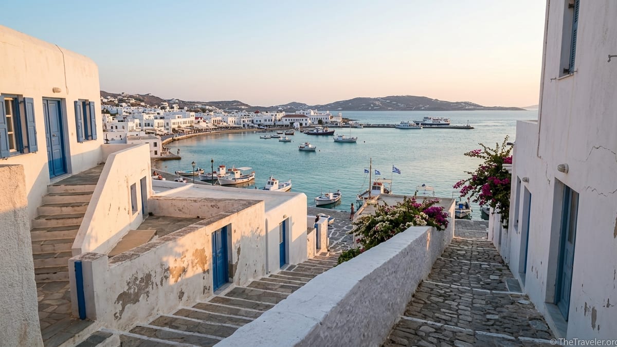 Cycladic harbor at sunset with whitewashed houses, boats and distant island in soft golden light.
