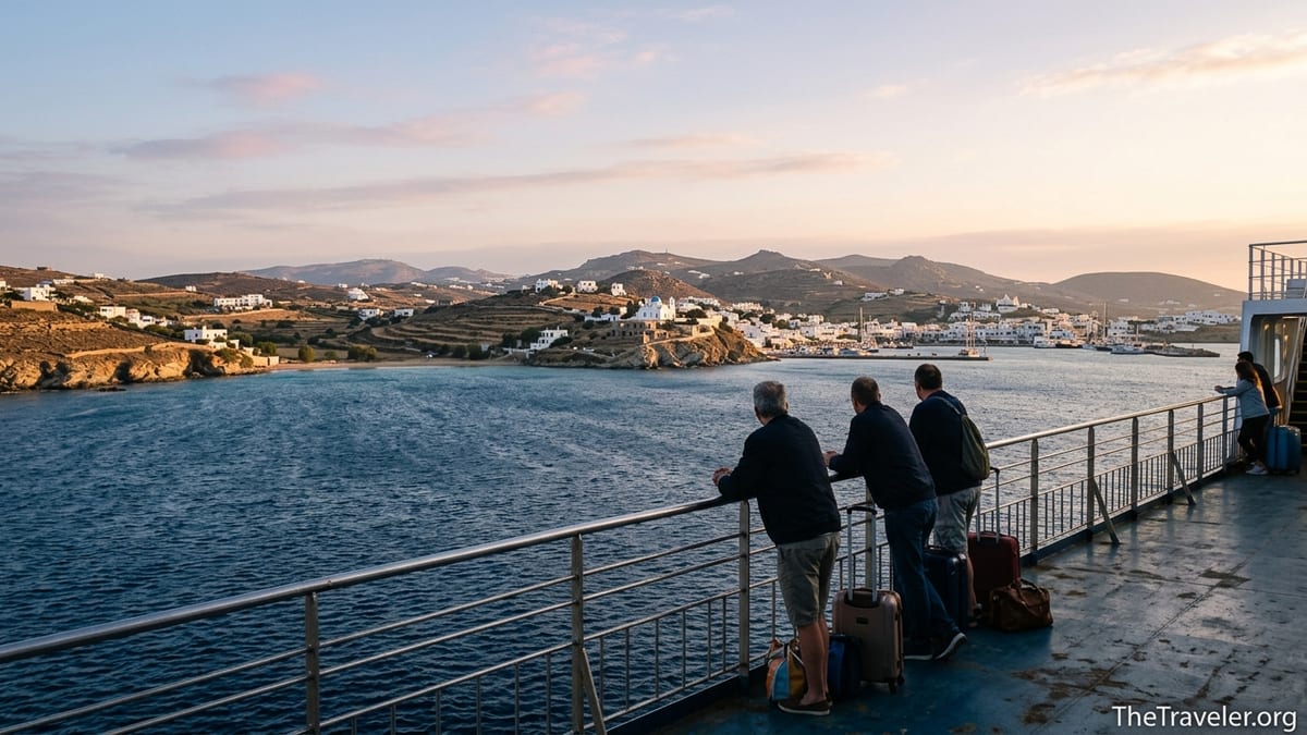 Ferry deck view at sunrise approaching white Cycladic islands across the Aegean Sea.