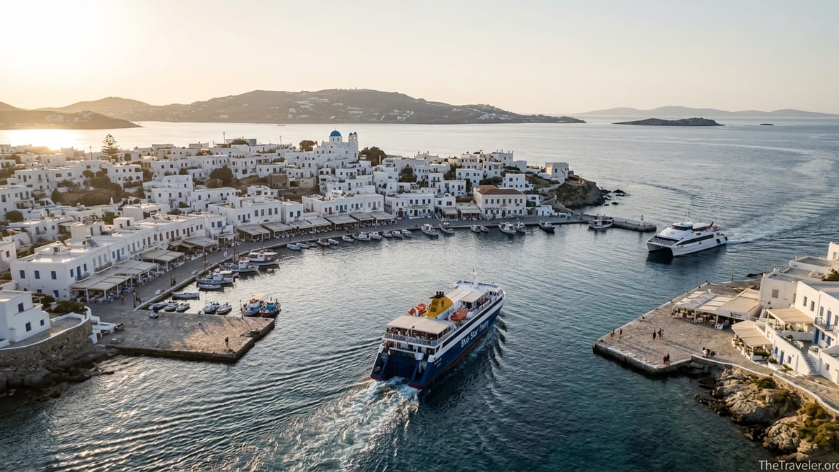 Aerial view of a Cycladic harbor with ferries and whitewashed village at sunset.