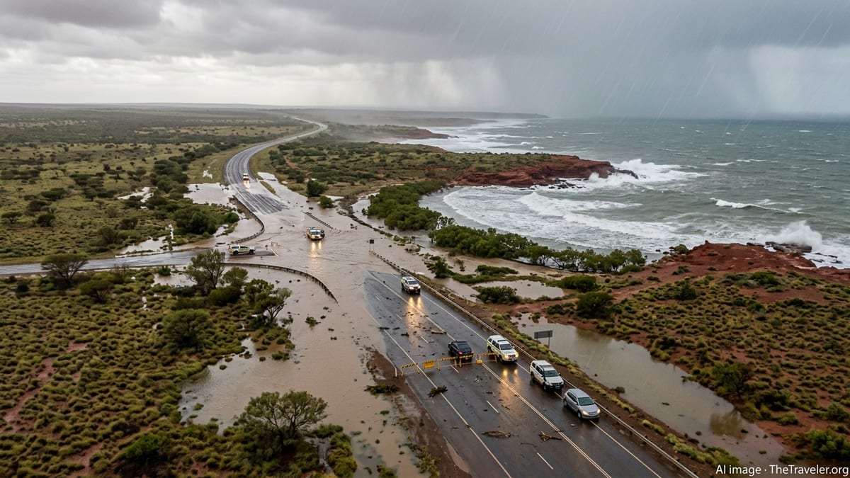 Flooded highway and stranded vehicles in coastal Western Australia during Cyclone Narelle.