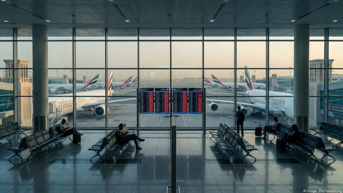 Empty Middle East airport terminal at dusk with grounded jets and cancelled flights on departure boards.