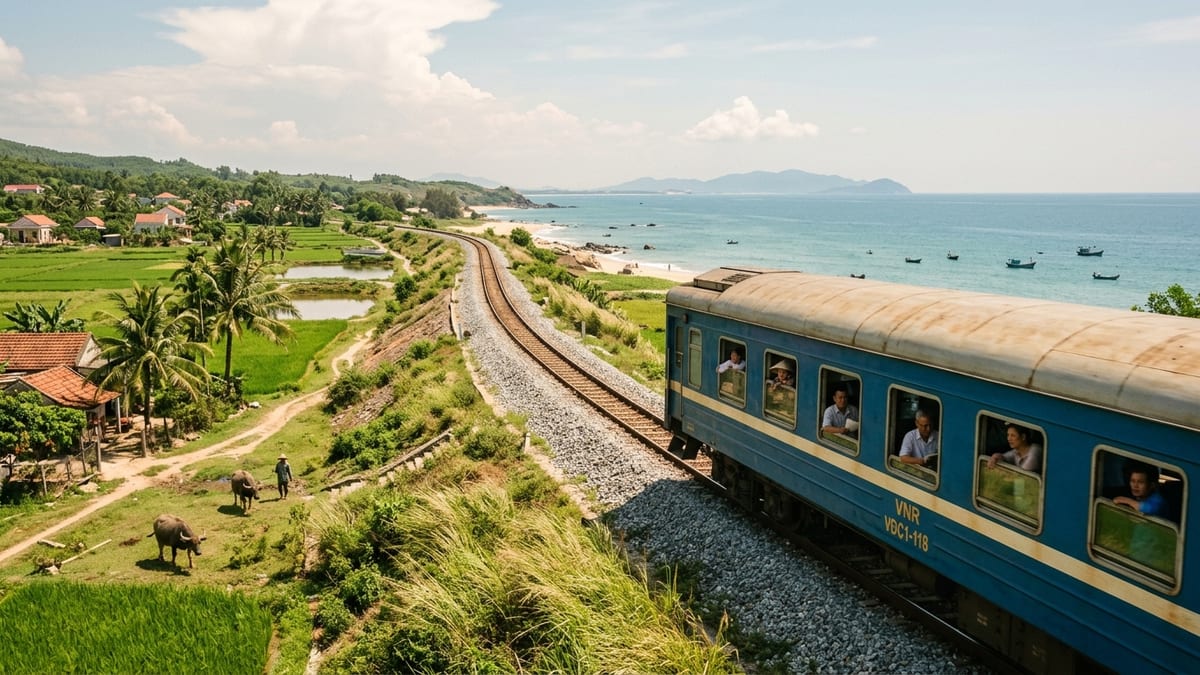 Vietnam Railways train passing rice fields and coast between Da Nang and Quy Nhon in Central Vietnam.