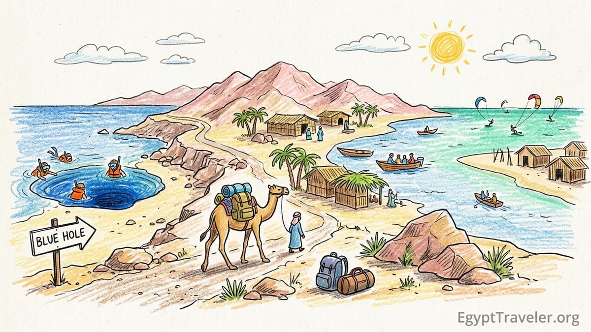 Bedouin huts and small boats on the shore at Blue Lagoon near Dahab with Sinai mountains in the background.