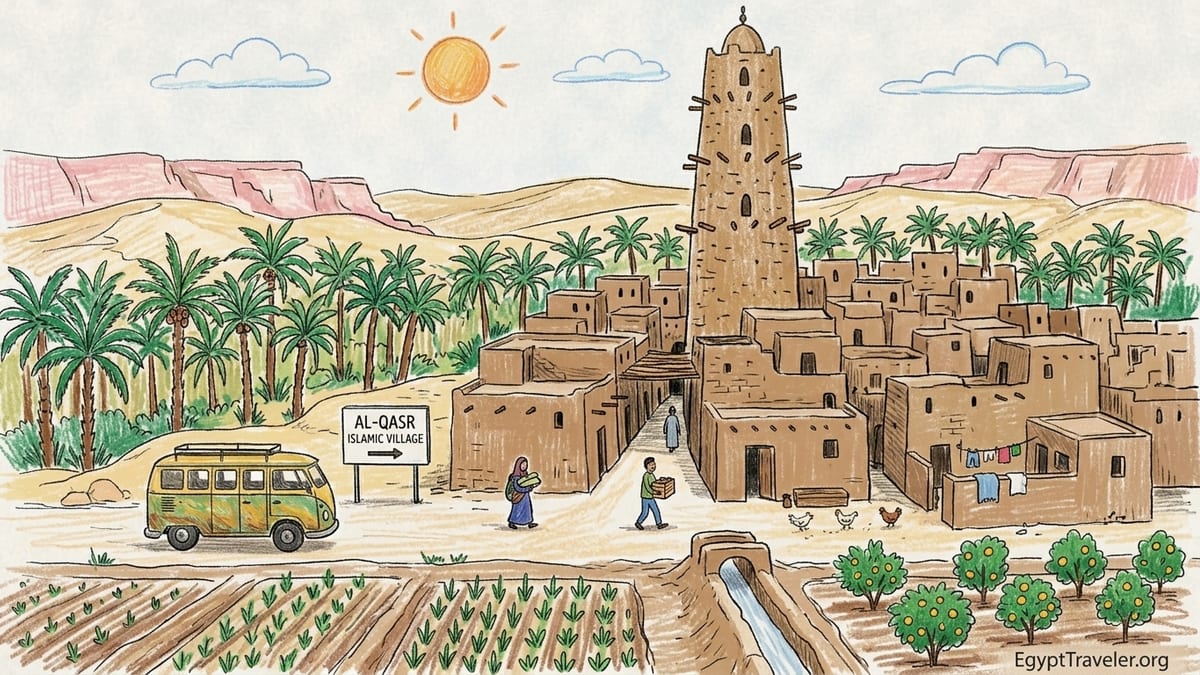 Narrow shaded mud-brick alley in Qasr al-Dakhla with Nasr al-Din minaret rising above the village in Dakhla Oasis.