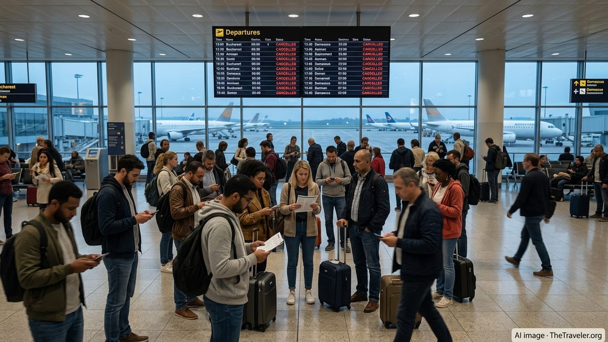 Passengers under a departures board showing multiple cancelled flights at a busy airport.