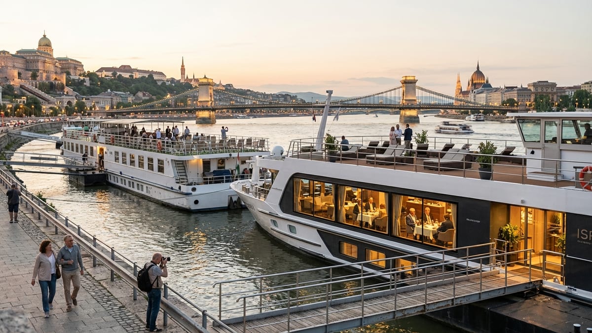 Two cruise ships, one luxury and one budget, moored on the Danube River in Budapest at sunset.