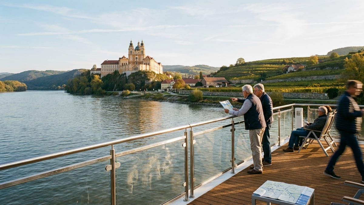 Cruise ship journey along the Danube River, passengers observing the vineyards and Melk Abbey in Austria.