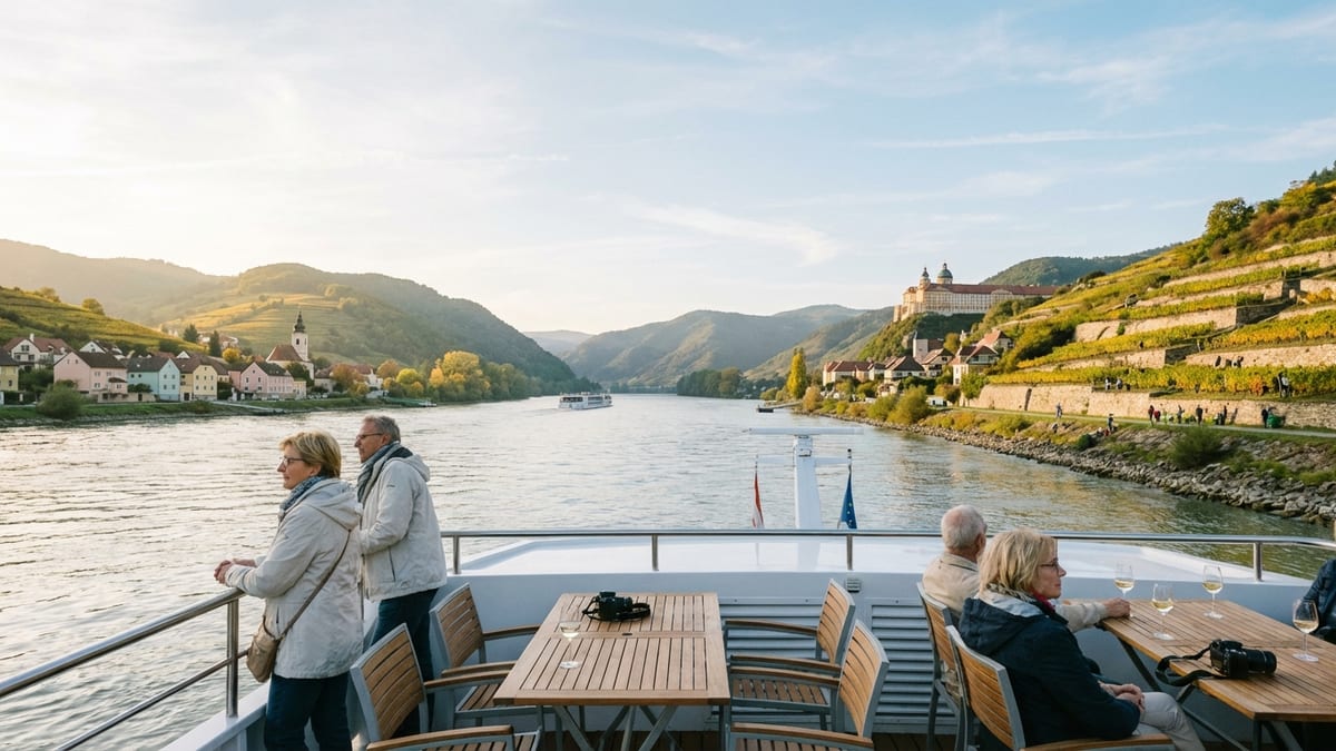 Passengers enjoying the scenic autumn view of Wachau Valley from a Danube cruise ship.