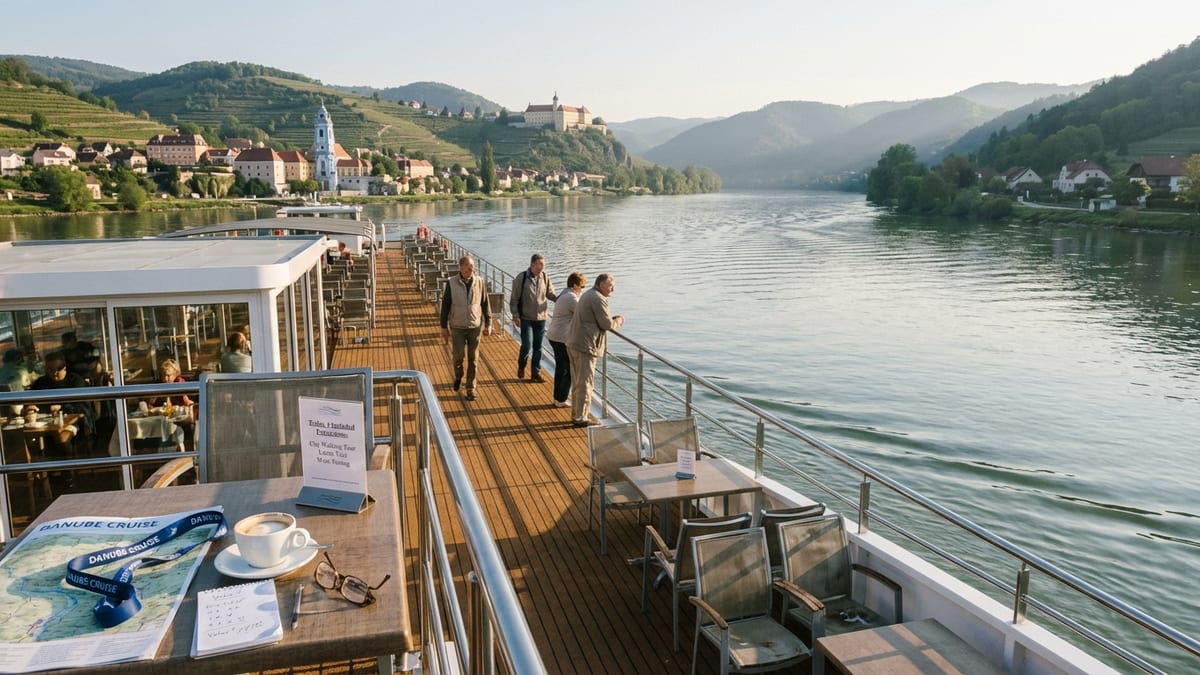 View from a Danube river cruise ship deck during a sunny morning.