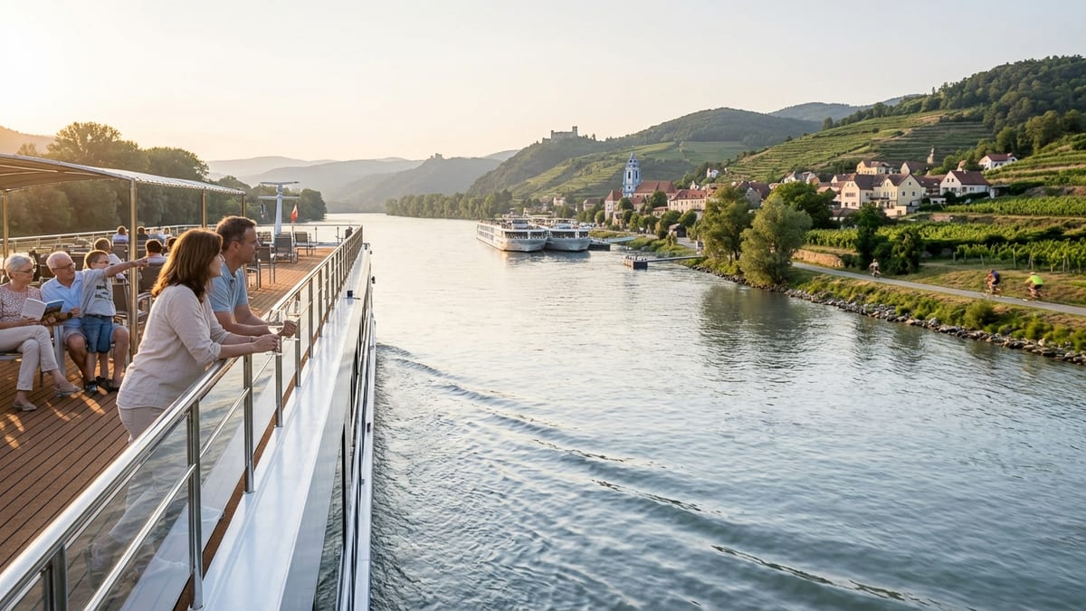 A river cruise ship on the Danube near Austria's Wachau Valley during golden hour.