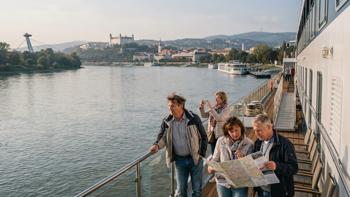 Passengers on a river cruise ship sailing the Danube, approaching Bratislava.