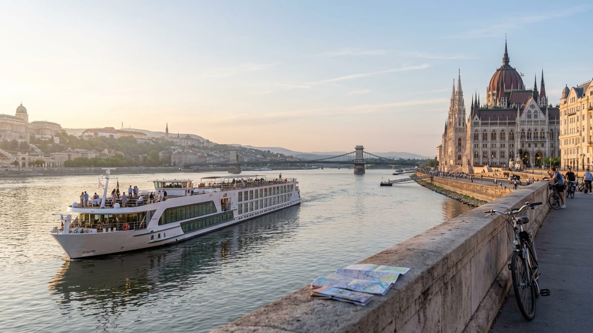 Early-evening view of Danube River with cruise ship and Hungarian Parliament Building.