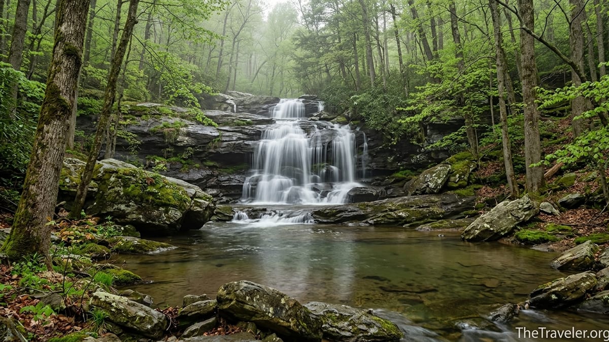 Dark Hollow Falls cascading through a green forest with mossy rocks in Shenandoah National Park.