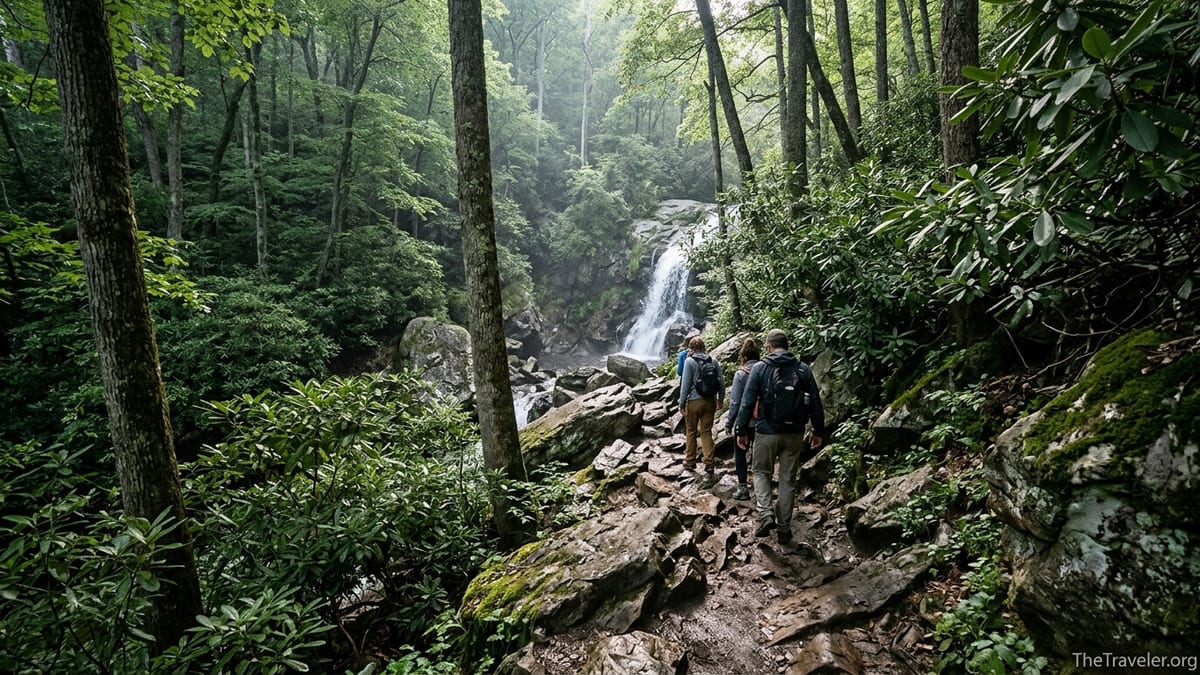 Hikers descend a steep forest trail toward Dark Hollow Falls in Shenandoah National Park.