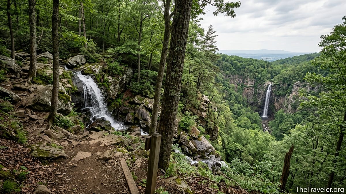 Forest trail overlooking two Shenandoah waterfalls, one nearby cascade and one distant tall falls across a gorge.