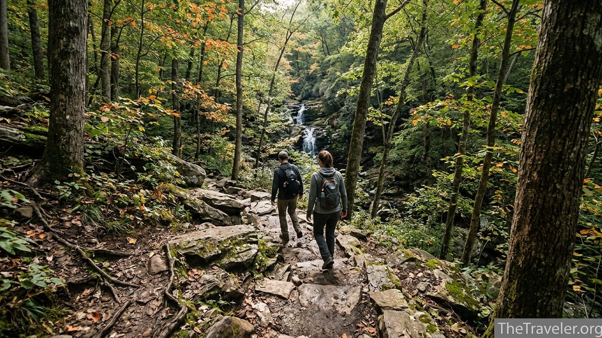 Hikers climbing the steep, rocky Dark Hollow Falls Trail in Shenandoah National Park.