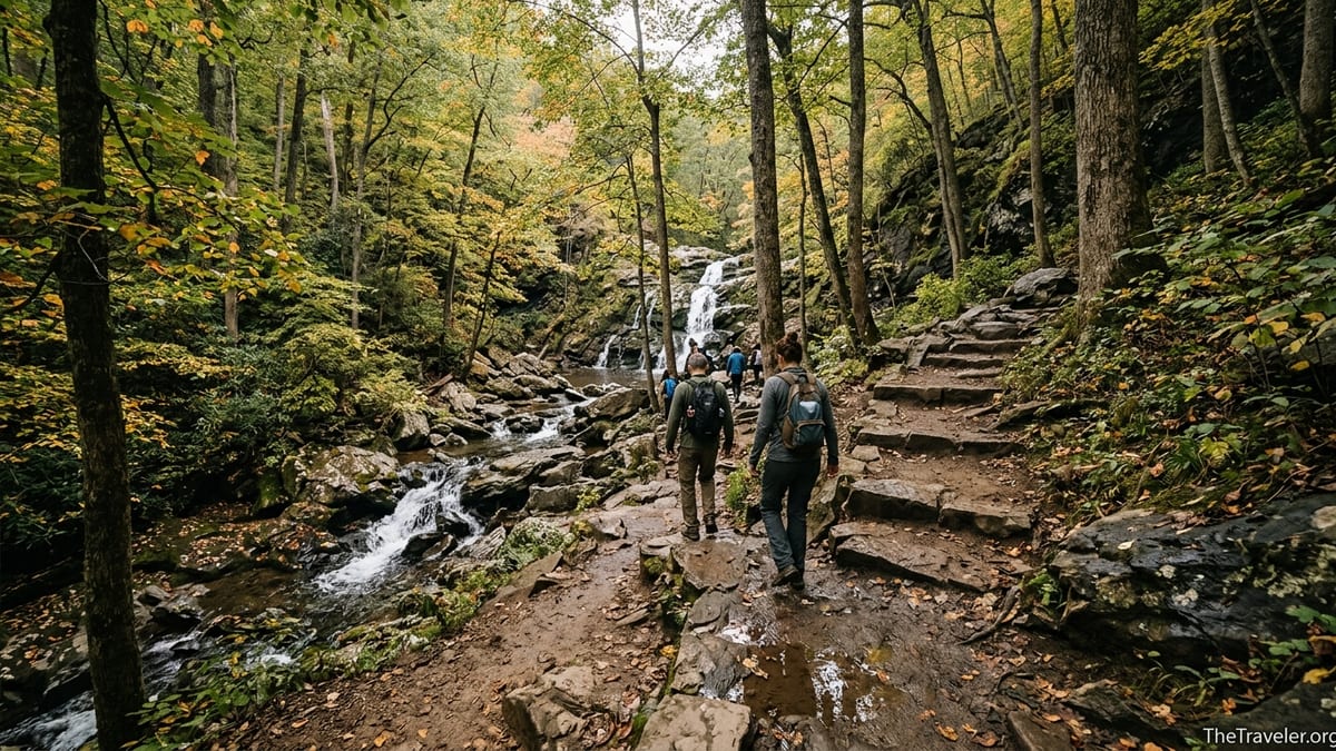 Hikers descending the steep Dark Hollow Falls Trail beside a forested stream in Shenandoah National Park.