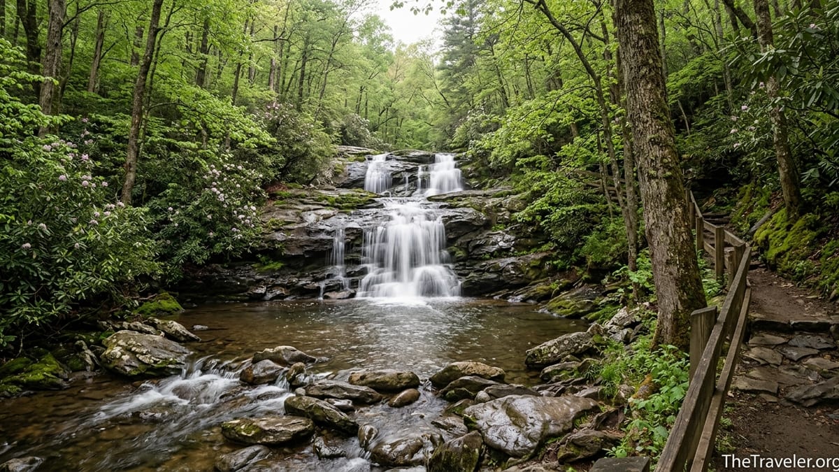 Tiered Dark Hollow Falls pouring over mossy rocks surrounded by lush green forest in Shenandoah National Park.