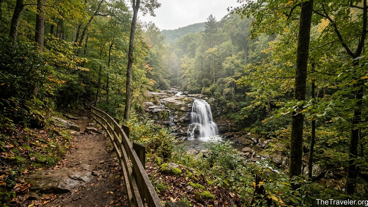 Trail view of Dark Hollow Falls surrounded by autumn forest in Shenandoah National Park.
