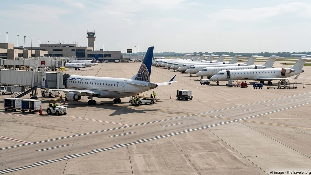 Mesa Airlines Embraer 175 at a US airport with stored CRJ-900s in the background.