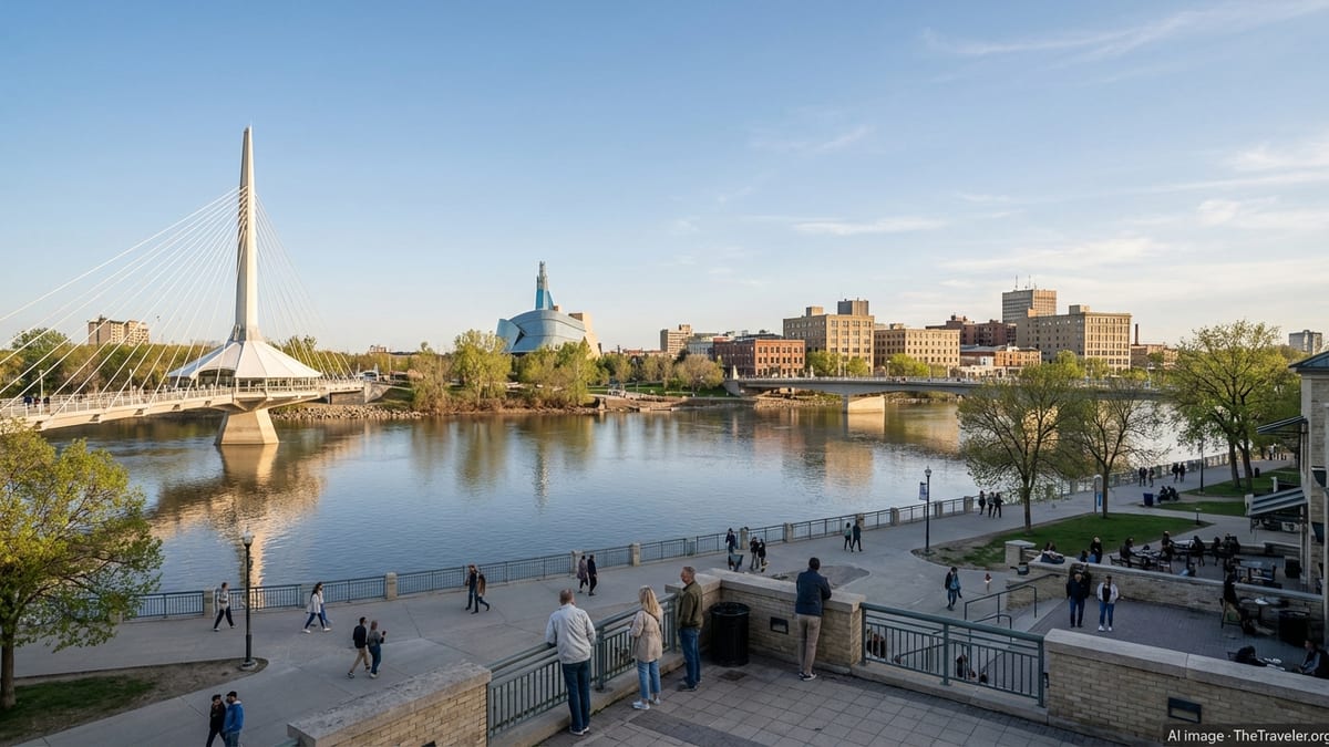 View from The Forks across Winnipeg’s rivers toward the Exchange District on a sunny day.