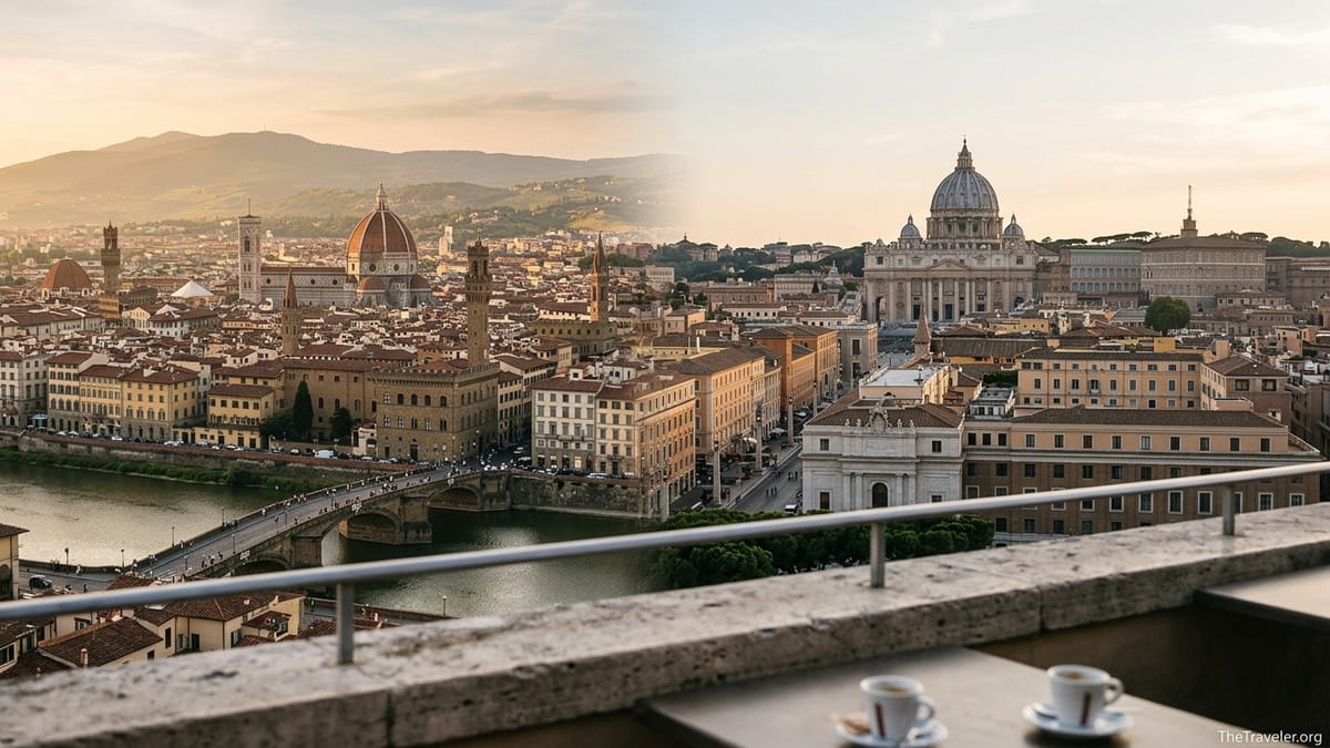 Panoramic view blending Florence and Rome skylines under soft late-afternoon light.