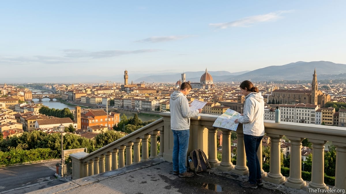 View over Florence from Piazzale Michelangelo with travelers planning a day trip at sunrise.