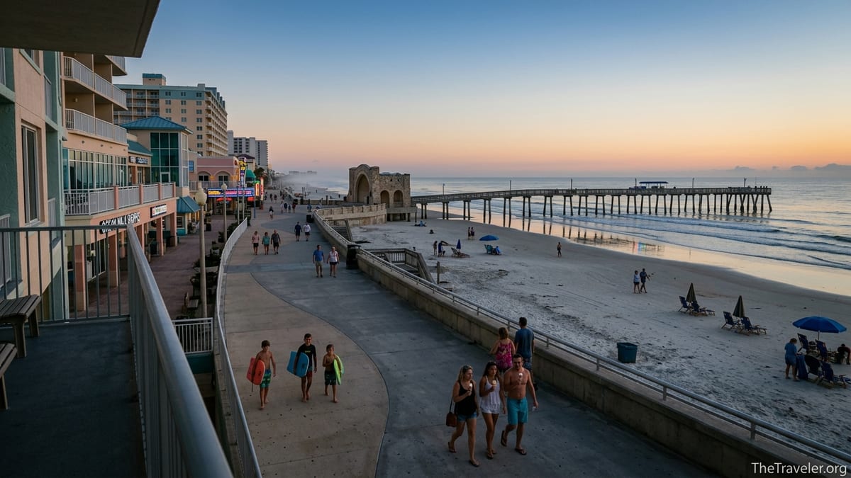 Evening view of Daytona Beach boardwalk, Main Street Pier and resorts near Wyndham Ocean Walk.