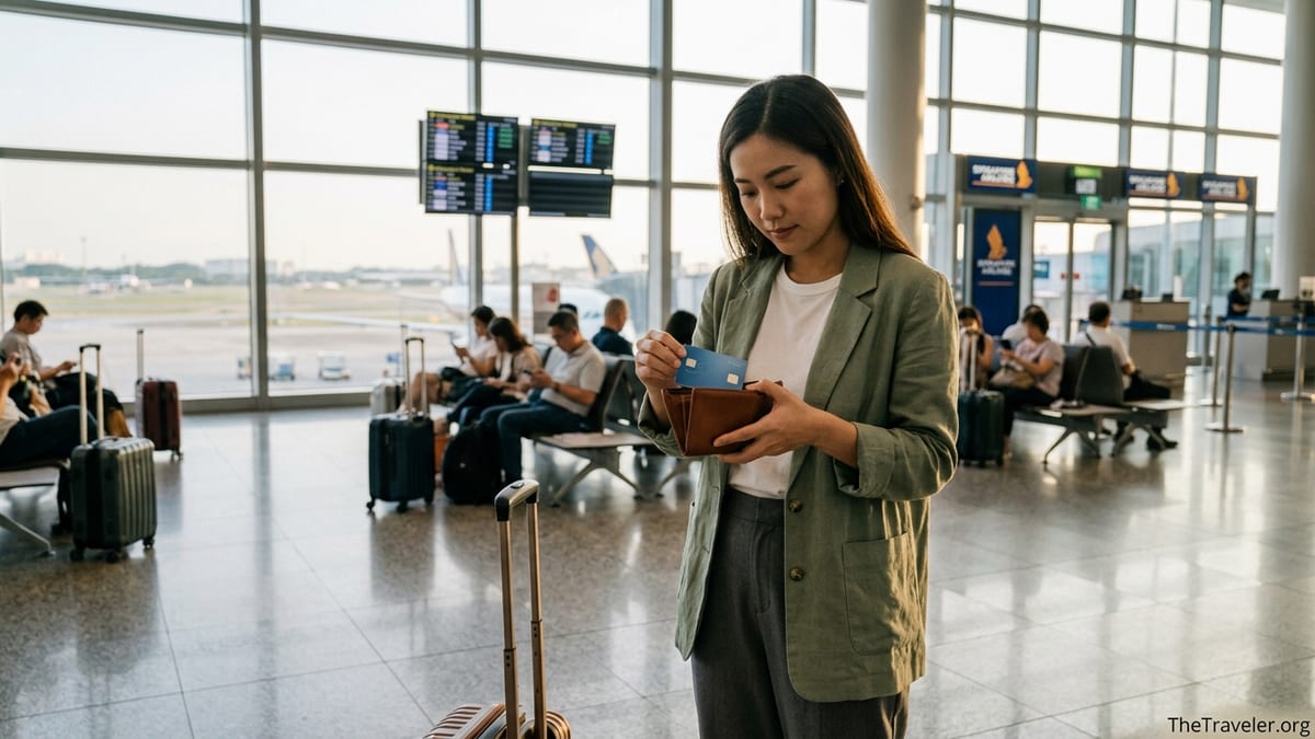 Traveler at Changi Airport holding a blue credit card before an international flight.