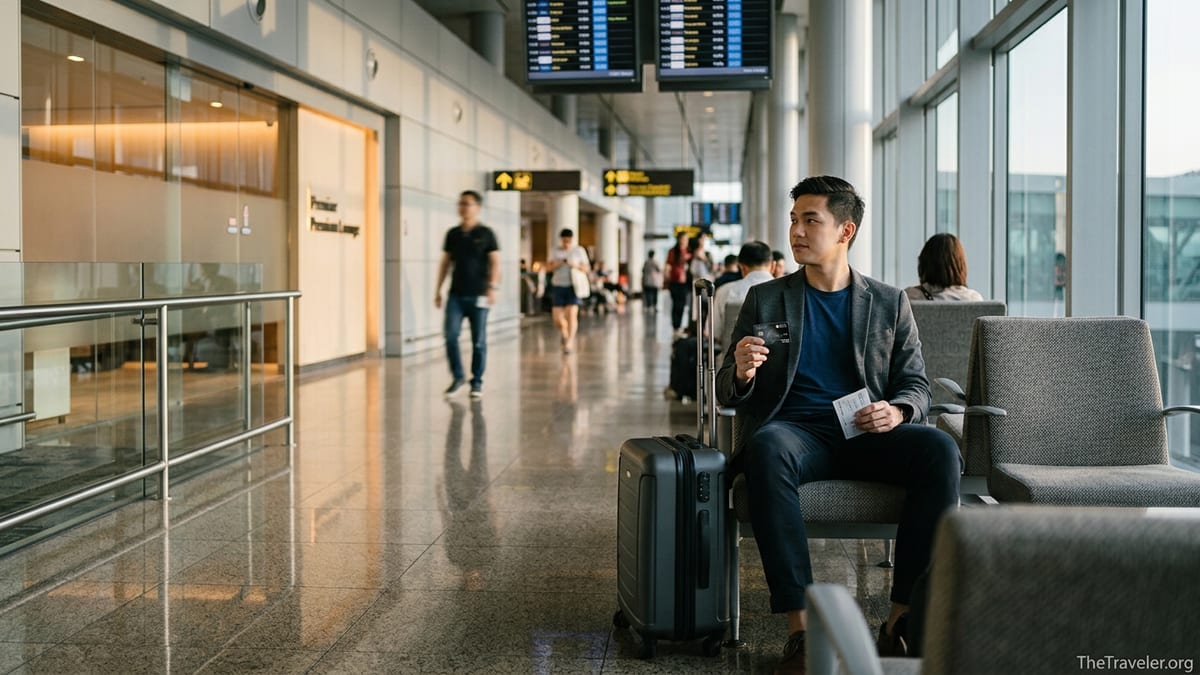 Traveler holding a credit card near an airport lounge entrance in a bright terminal.