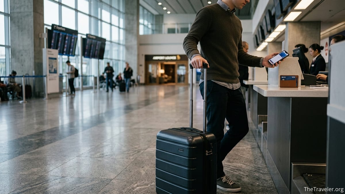 Traveler at airport check-in counter holding a wallet with a credit card and carry-on suitcase nearby.