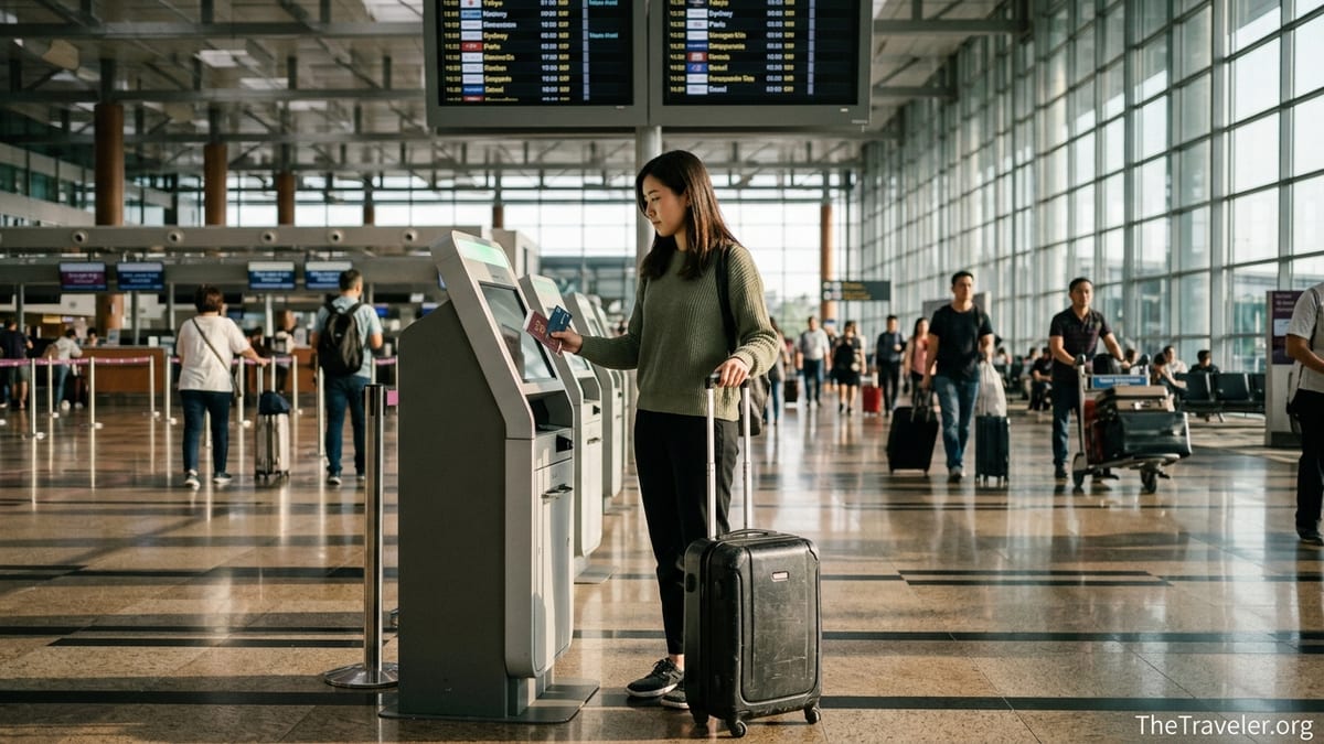 Traveler at Changi Airport holding a credit card and suitcase at self check in kiosk.