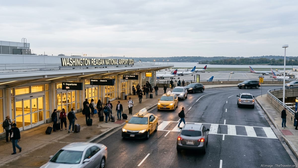 Evening scene outside Washington Reagan National Airport with travelers and taxis at the departures curb.