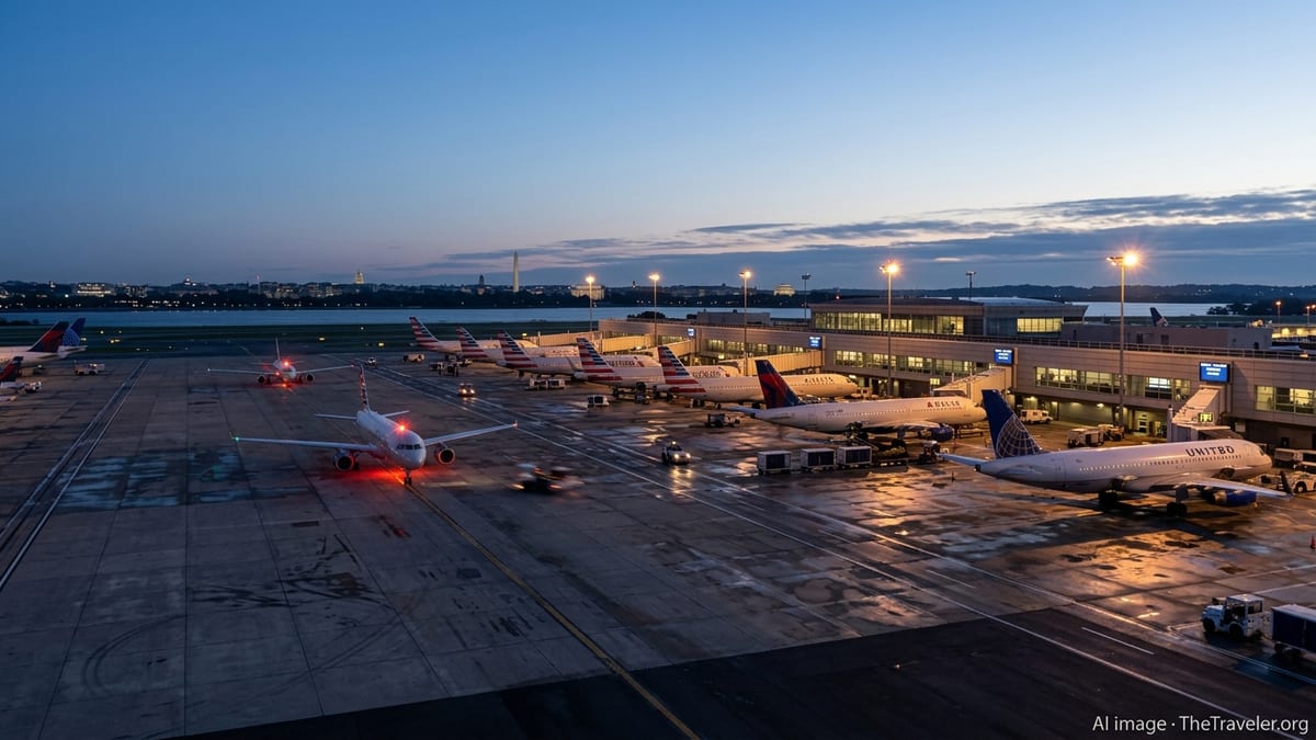 Early morning view of parked and taxiing jets at Reagan National Airport under soft blue light.