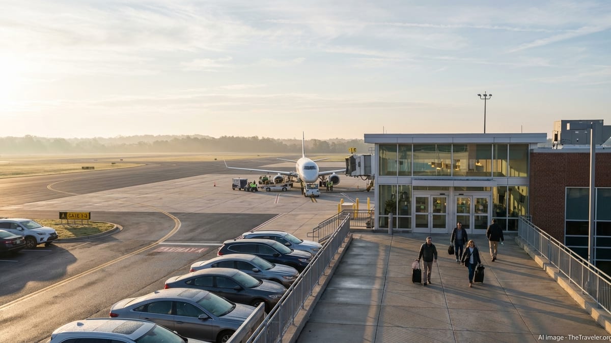 Early morning view of Wilmington Airport terminal and parked jet in Delaware