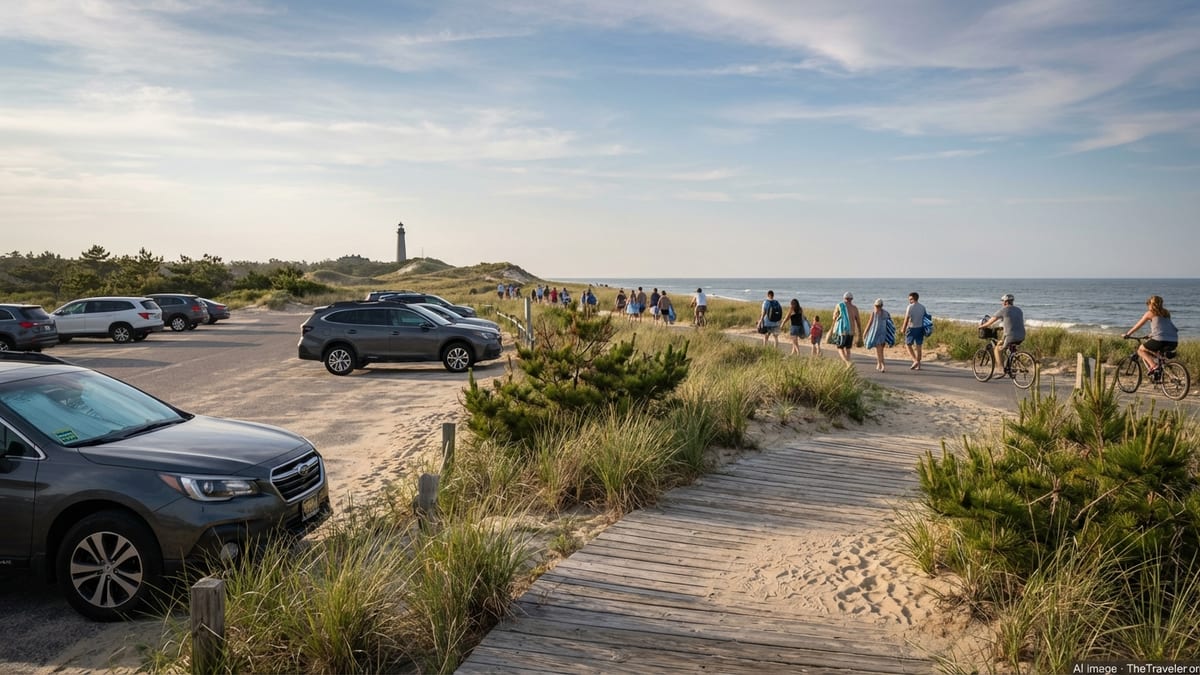 View over boardwalk and dunes toward Delaware beach with parked car displaying state parks pass.