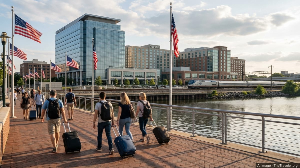 Travelers with suitcases walking along Wilmington Delaware riverfront on a sunny afternoon.