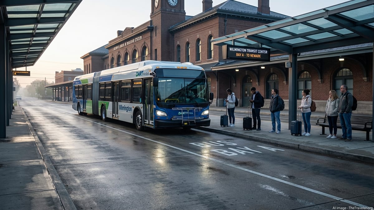 DART First State bus arriving at Wilmington Transit Center on an early morning in Delaware.