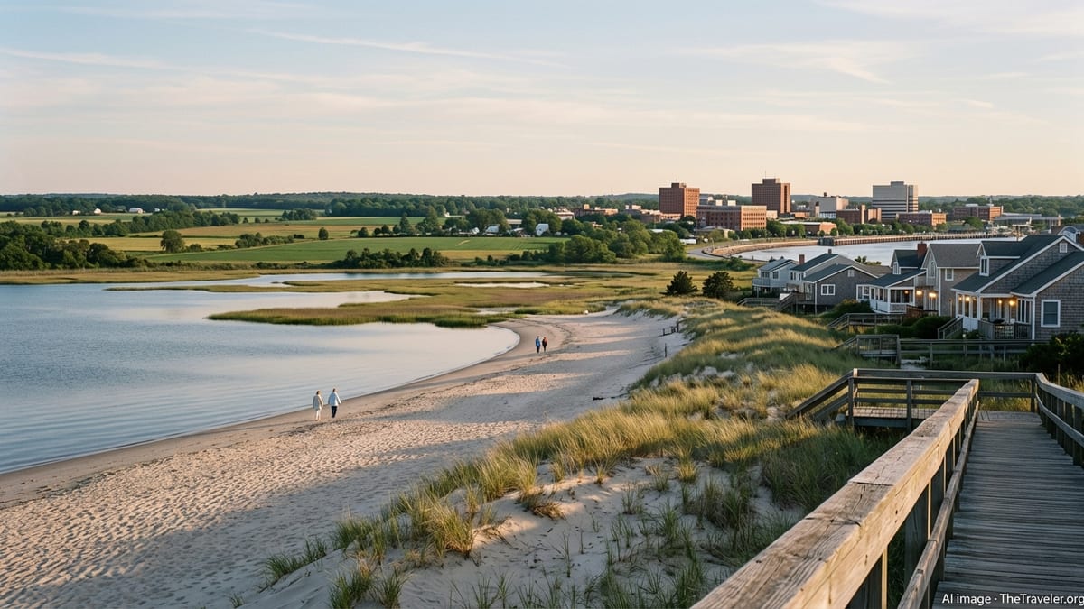 Delaware beach at golden hour with dunes, bay, and a distant small city skyline.