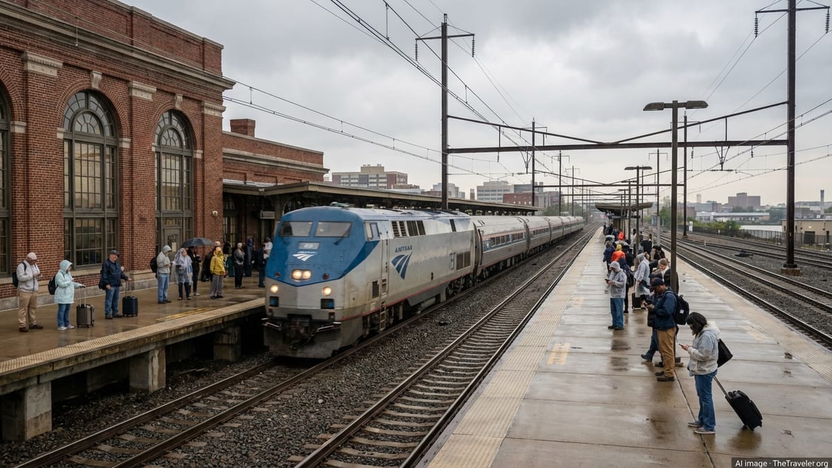 Amtrak train arriving at Wilmington Delaware station on a cloudy afternoon with commuters on the platform.