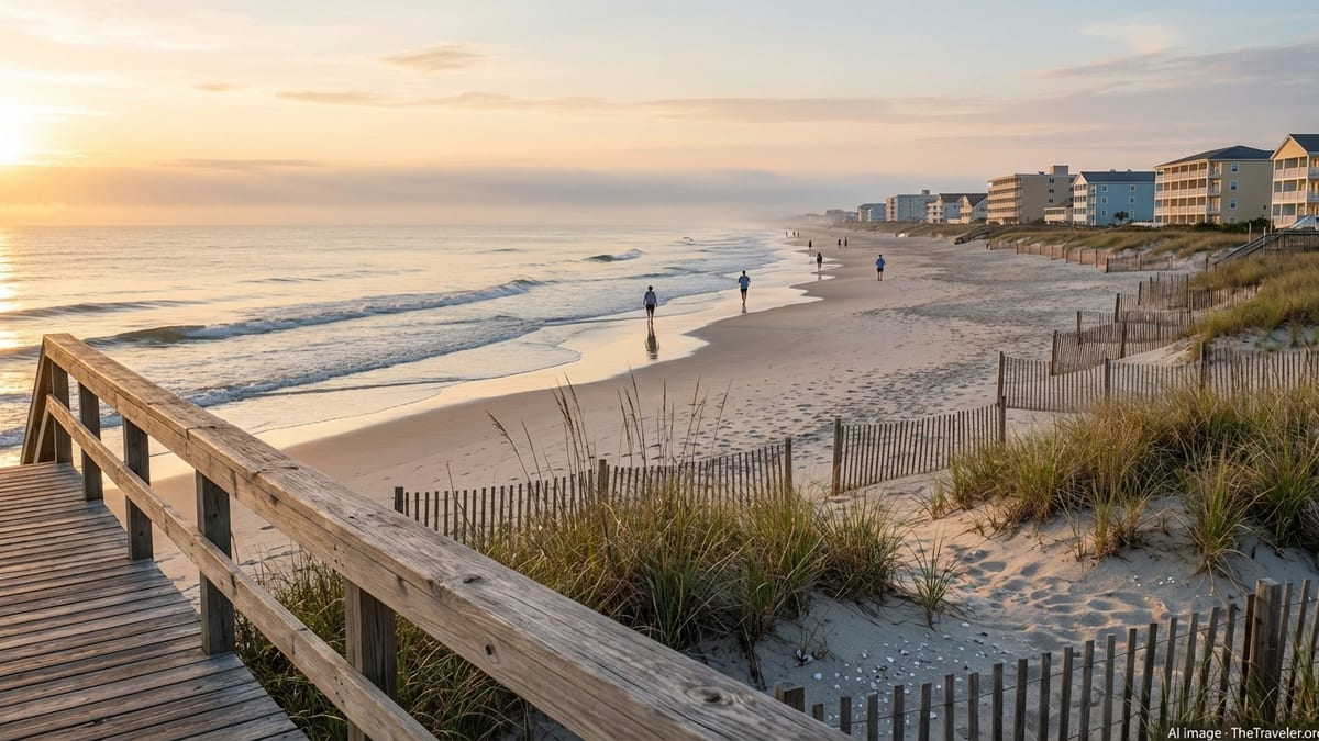 Early morning view of Rehoboth Beach boardwalk and shoreline under soft golden light