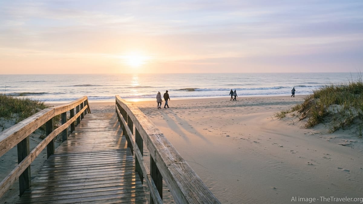 Sunrise over a quiet Delaware beach with boardwalk, dunes, and gentle waves.