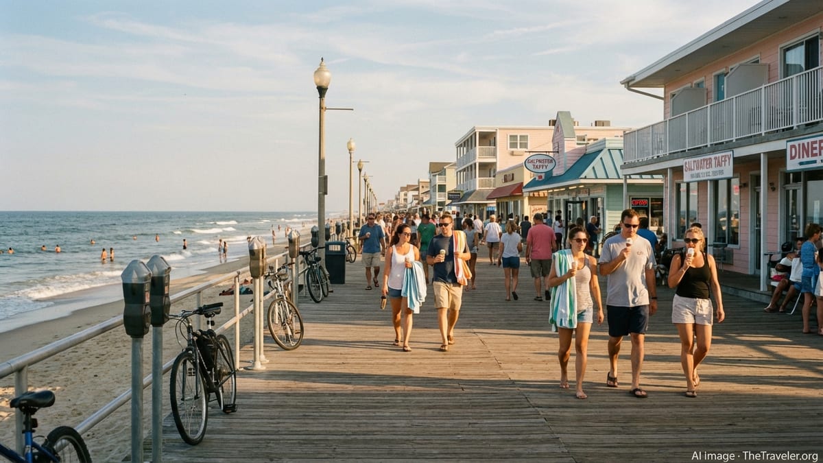 Late afternoon view of Rehoboth Beach boardwalk with people walking and ocean in background.