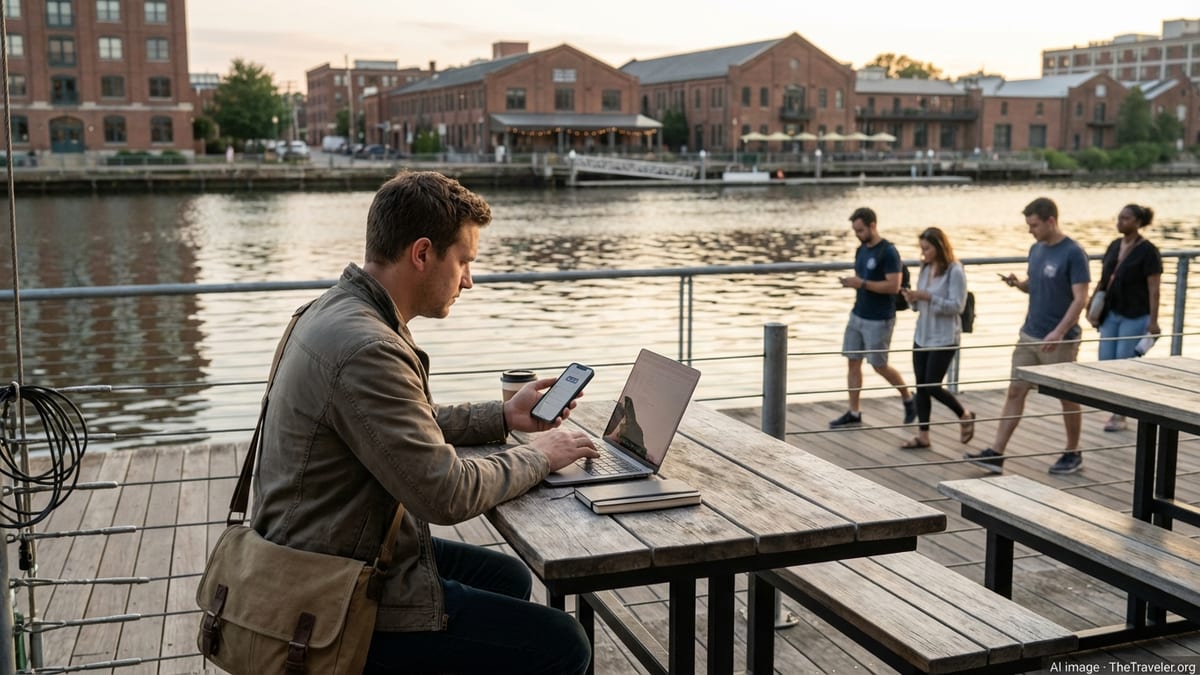 Traveler using laptop and smartphone at a riverside café in Wilmington, Delaware.