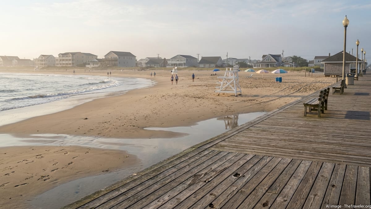 Early morning view along Rehoboth Beach boardwalk and shoreline in Delaware.