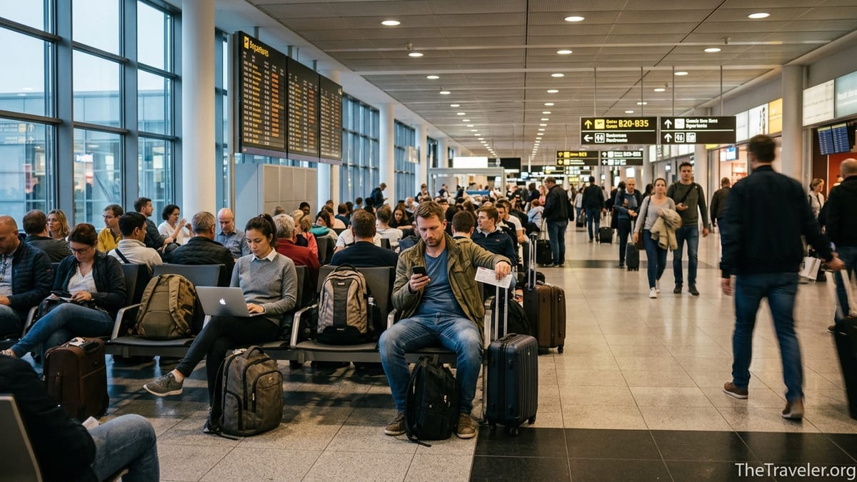 Travelers waiting under a delayed flights board in a busy European airport departures hall.