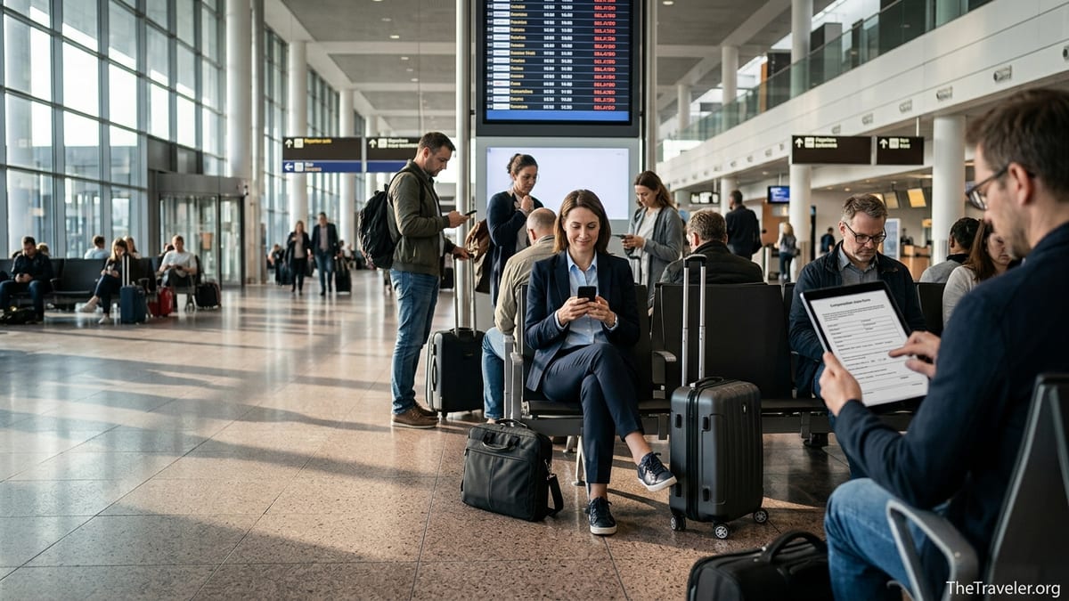 Traveler checking flight delay compensation on phone in busy European airport terminal.